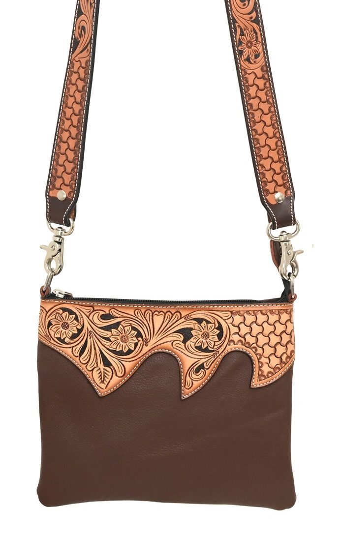 Rafter T Ranch Brown Leather Tooled Crossbody Bag