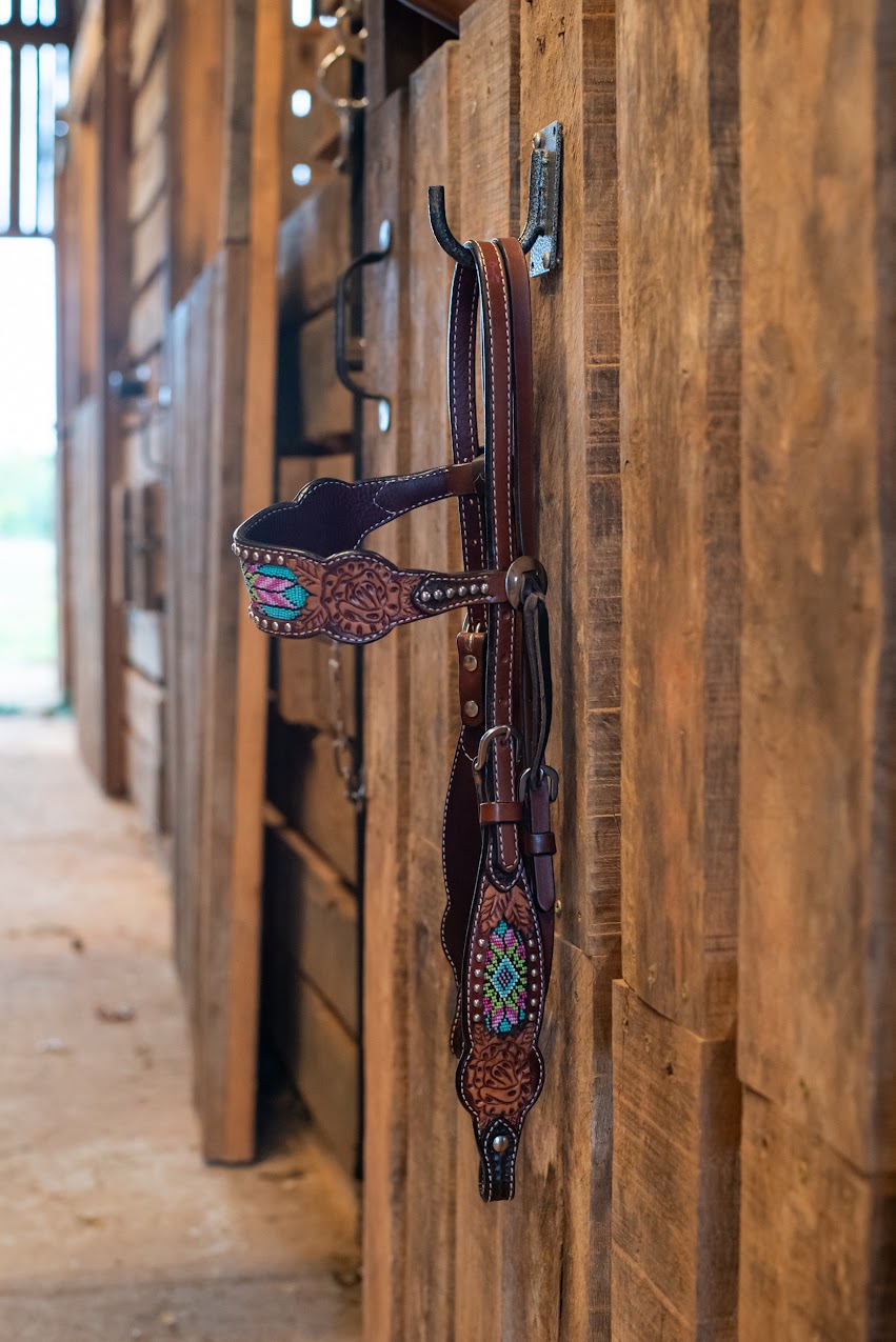 Rafter T Ranch- Browband Beaded Inlay w/ Floral Tooling Headstall