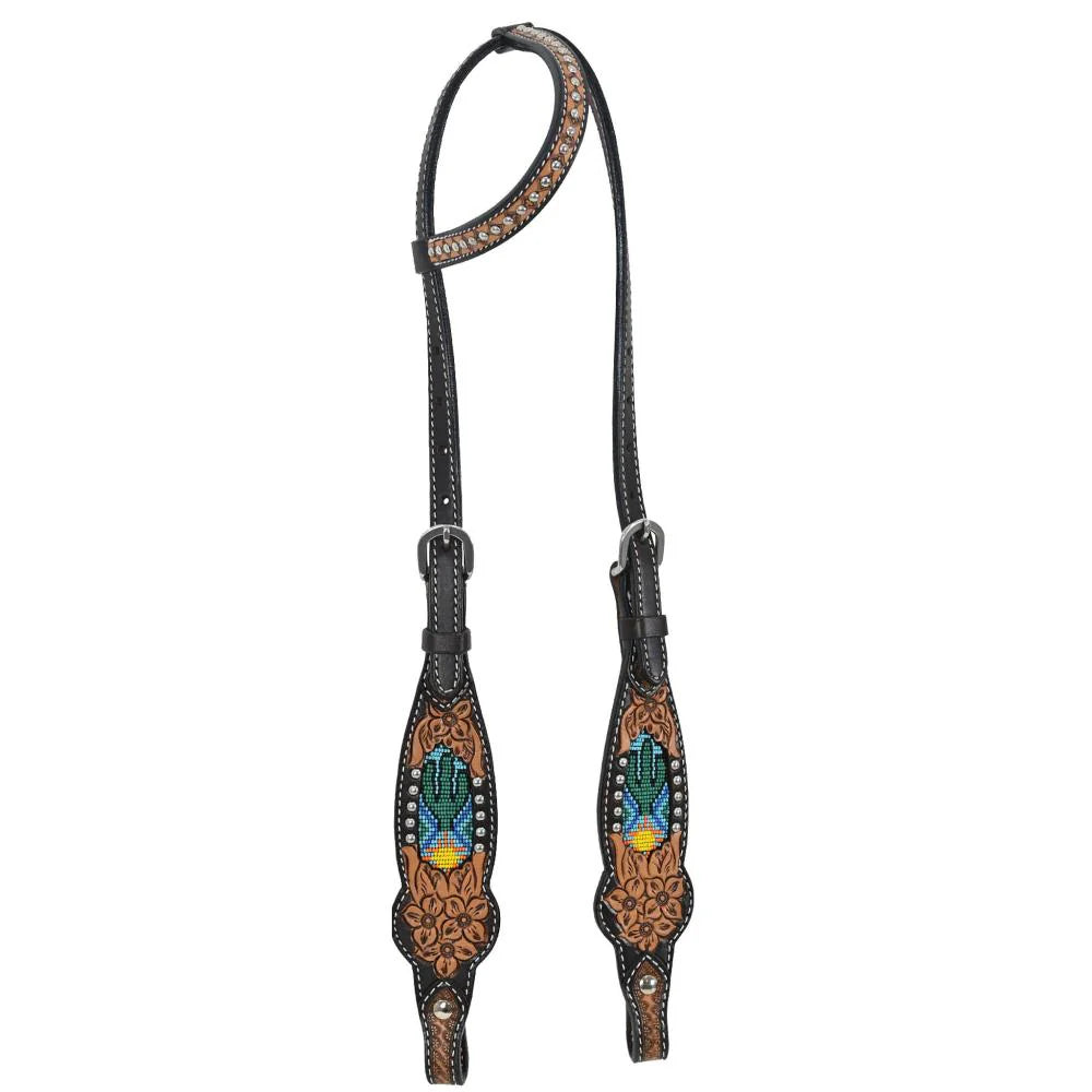 Rafter T Ranch- Single Ear Tooled Cactus Inlay Headstall